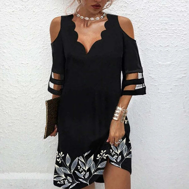 Summer Cold-Shoulder V Neck Stripe Mesh Sleeve Dress Bazaare Mart Black V-Neck Dress