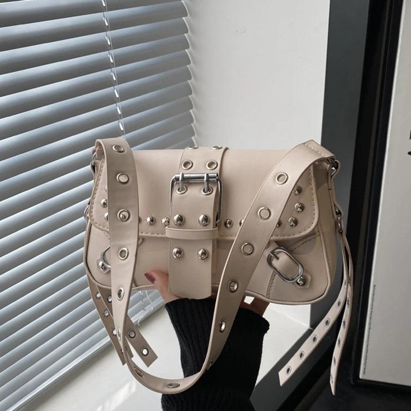Studded Baguette Shoulder Bag – Faux Leather Punk Rock Shoulder Purse with Buckle & Rivet Details beige China Mainland Bazaare Mart Shoulder Purse