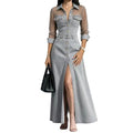 Faux Denim Maxi Dress with Sheer Mesh Sleeves and High Slit
