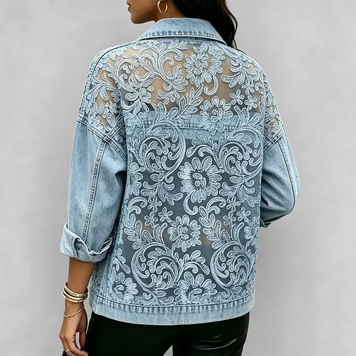 Women's See-Through Lace Patchwork Denim Jacket Casual Loose Button Up Jean Coat Trendy Long Sleeve Streetwear Outerwear Coat Bazaare Mart