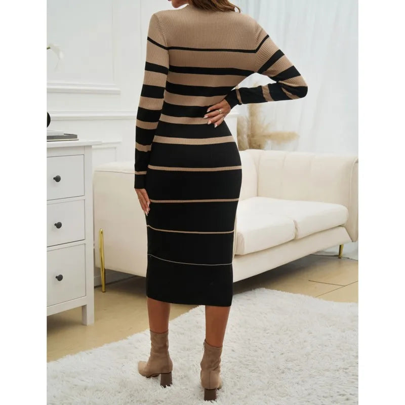 Long Sleeve Slim Fit Striped Contrasting Midi Dress