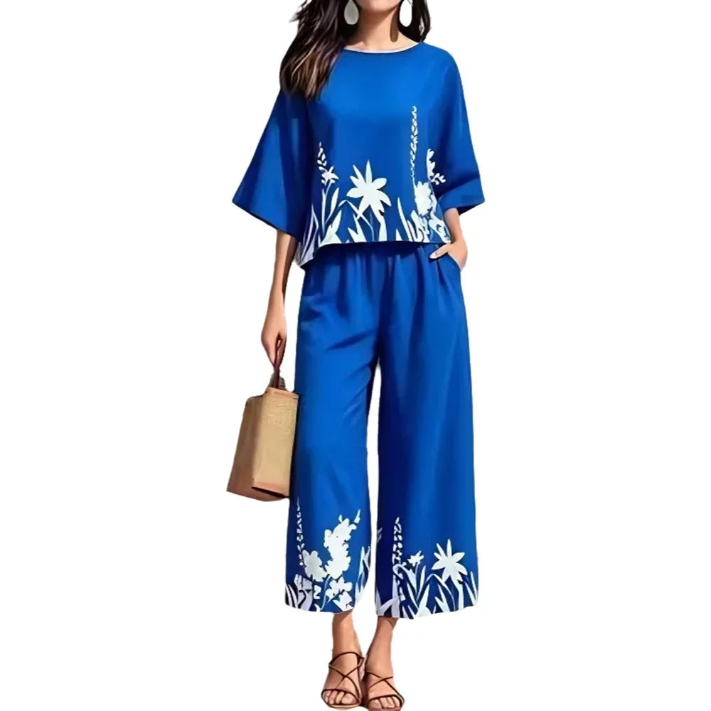 Floral Two-Piece Set with Wide-Leg Pants