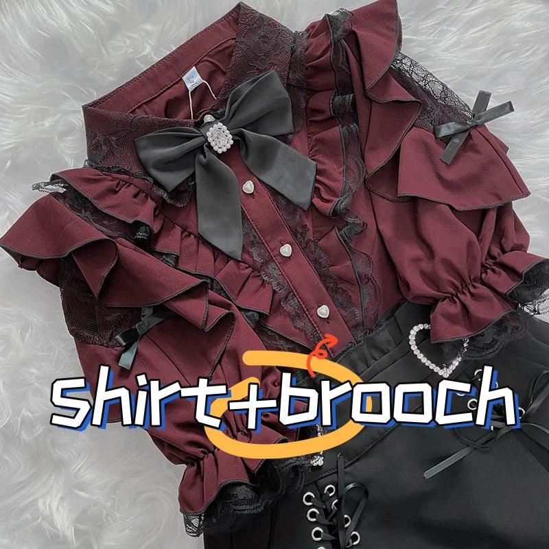 Women's Kawaii Lolita Blouse – Japanese-Inspired Peter Pan Collar Shirt with Lace & Bow Details red shirt Bazaare Mart Blouse