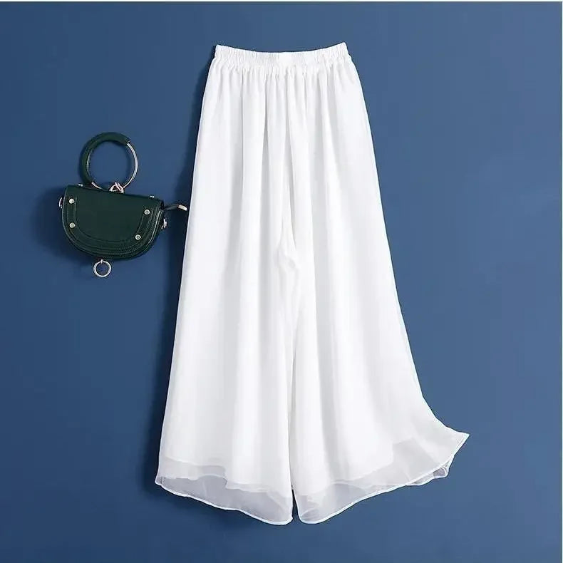 New Summer White Drape Chiffon Wide-Leg Pants Casual Chiffon Trousers Pants Women Clothing Loose High Waist Slim Skirt bd67 Bazaare Mart