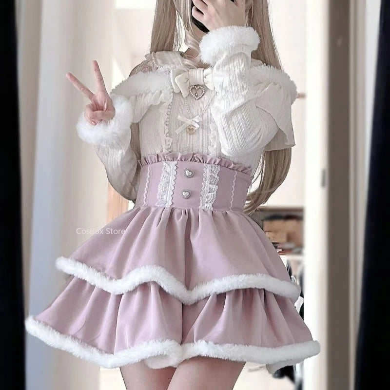 Jirai Kei Layered Skirt Outfit Lolita Y2K Pink Lace Pearl Long Sleeve Top Women Sweet Kawaii High Waist Japanese Style Xmas Set Pink White Set Bazaare Mart
