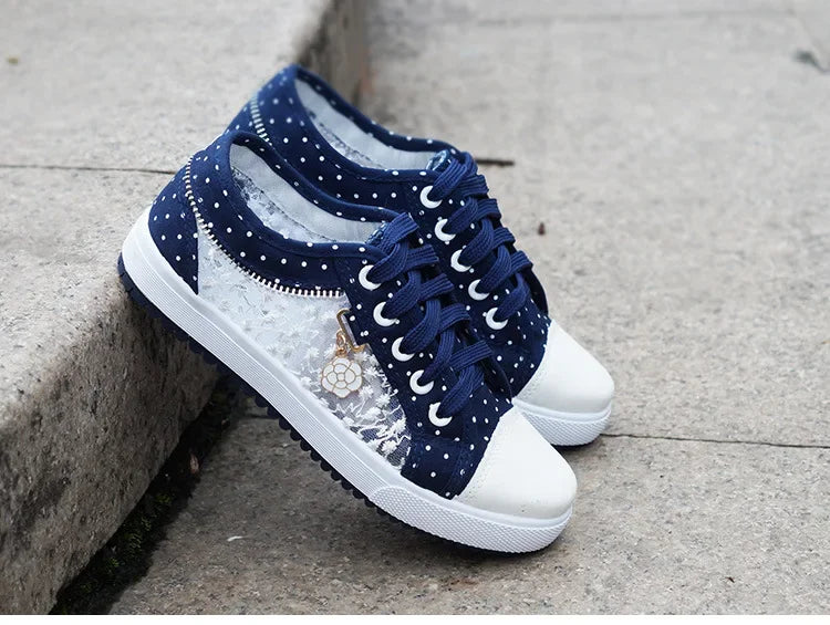 Unique Hollow Mesh Polka Dot Denim Sneakers