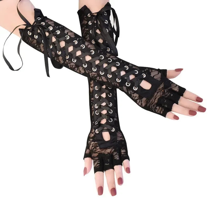 Lacy Lace Up Half-Finger Gloves