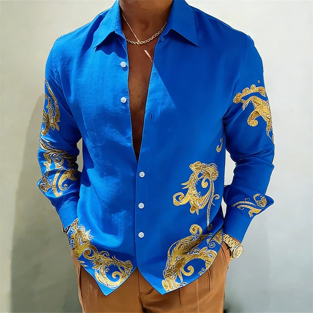 Men's Gold Baroque Print Button-Up Shirt – Long Sleeve Statement Shirt