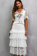 Women's Boho Floral Lace Sleeve Blouse – V-Neck Loose Fit Casual Top style1 Bazaare Mart Short Lace Sleeves V-Neck Top