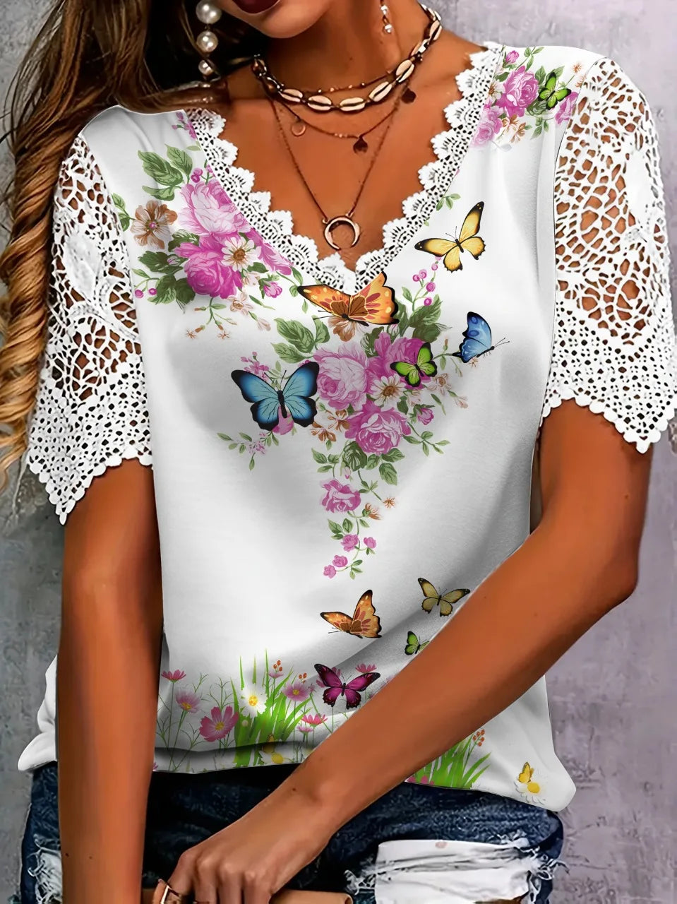 Women's Boho Floral Lace Sleeve Blouse – V-Neck Loose Fit Casual Top