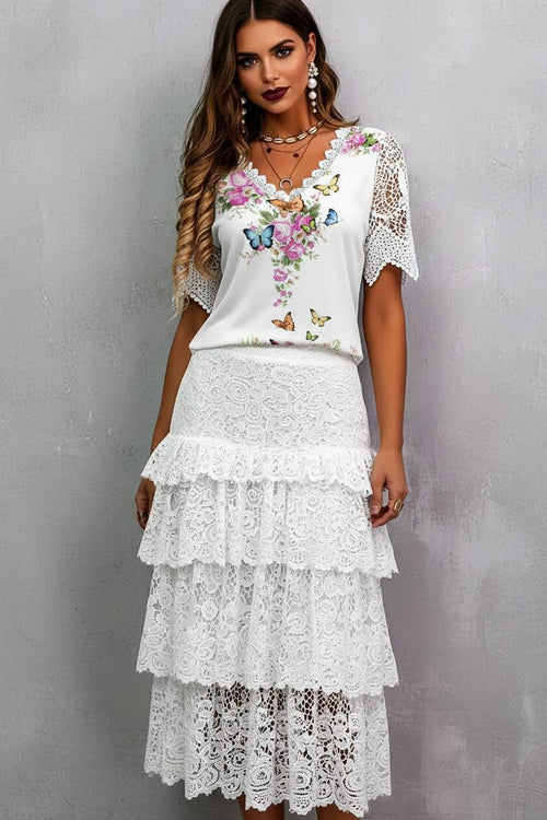 Women's Boho Floral Lace Sleeve Blouse – V-Neck Loose Fit Casual Top style1 Bazaare Mart Short Lace Sleeves V-Neck Top