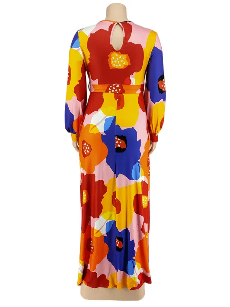Colorful Long Sleeve Large Print Flower Maxi Dress Bazaare Mart Colorful Long Sleeve Large Print Flower Maxi Dress