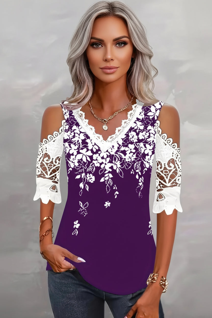 Large size women's fashionable temperament lace patchwork V-neck print off shoulder sleeves lace patchwork top Trans-purple Bazaare Mart