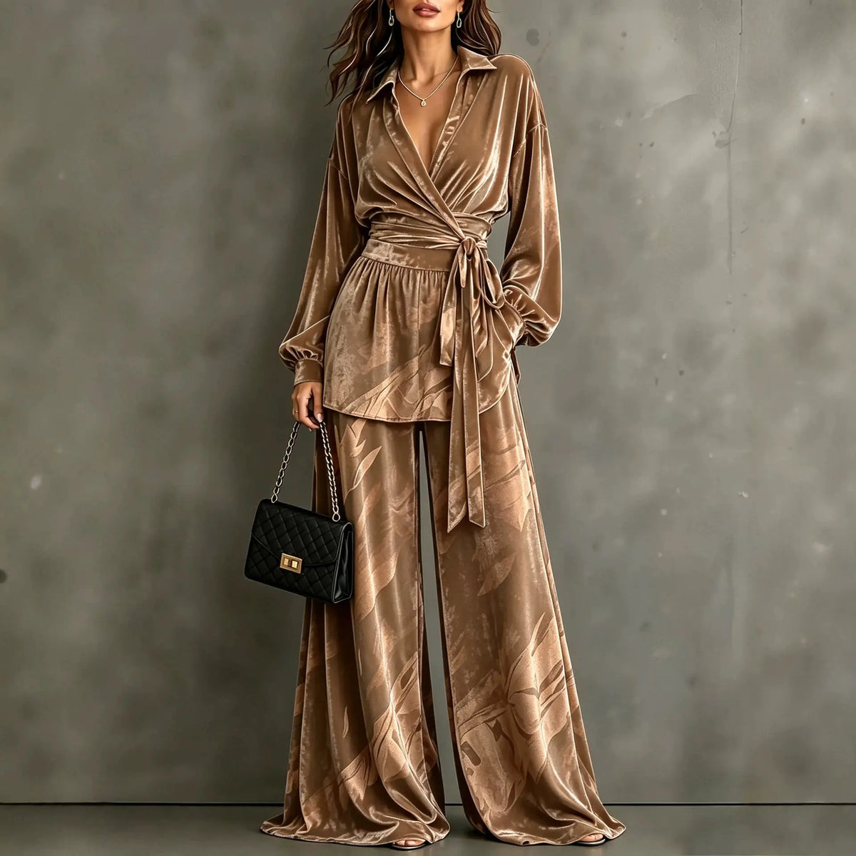 Women's Retro Velvet Two-Piece Set – V-Neck Top & Wide-Leg Pants