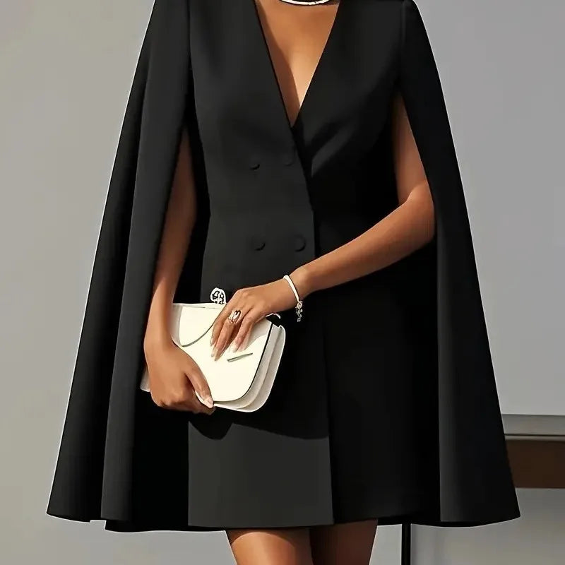 Elegant V-neck Double-breasted Shawl Sleeve Coat Dress