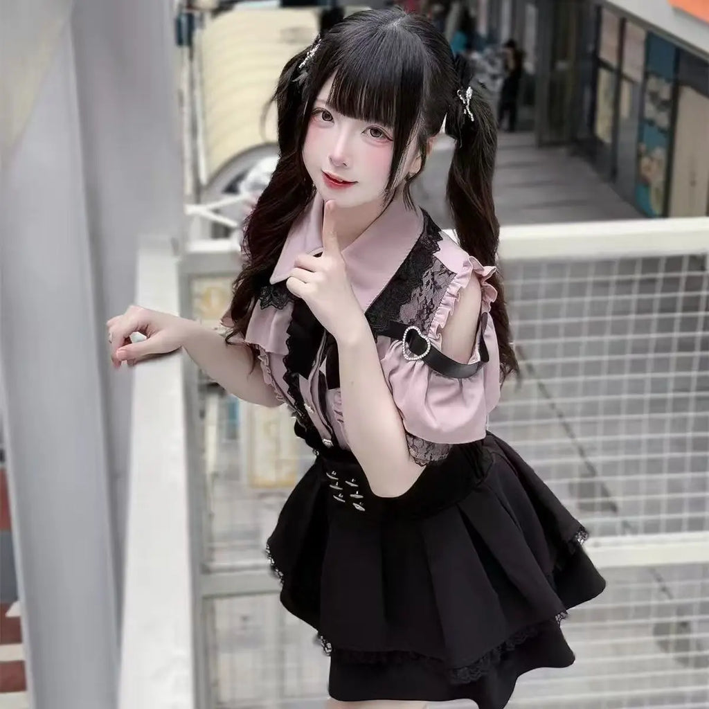 Dark Sweet Heart Ground Type Lolita Set, Ruffle Sleeve Top & A-line Skirt, Cute Kawaii Japanese Style Gothic Coord Outfit S-XL Bazaare Mart