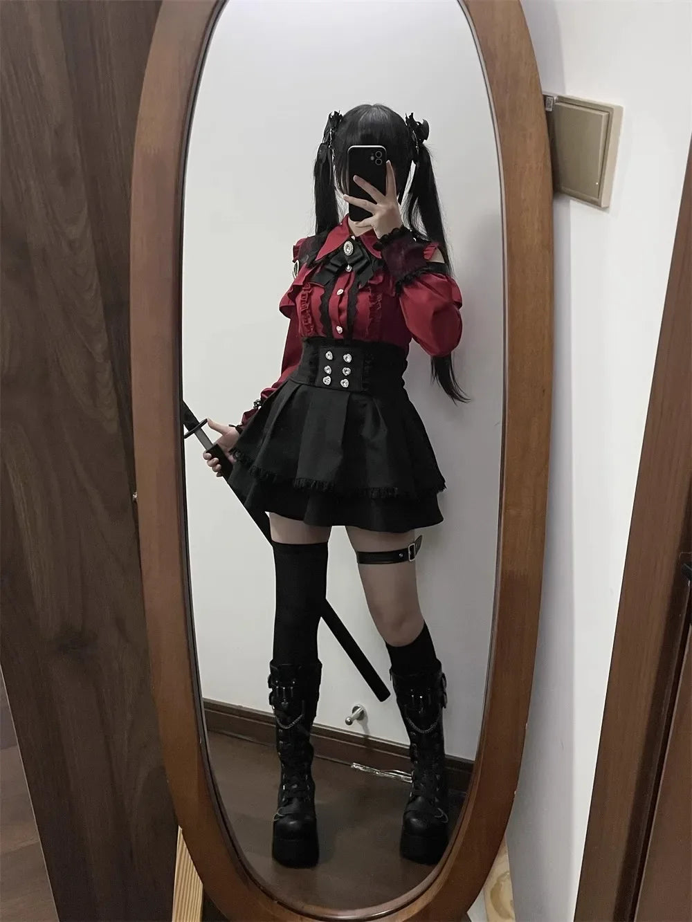 Dark Sweet Heart Ground Type Lolita Set, Ruffle Sleeve Top & A-line Skirt, Cute Kawaii Japanese Style Gothic Coord Outfit S-XL Bazaare Mart