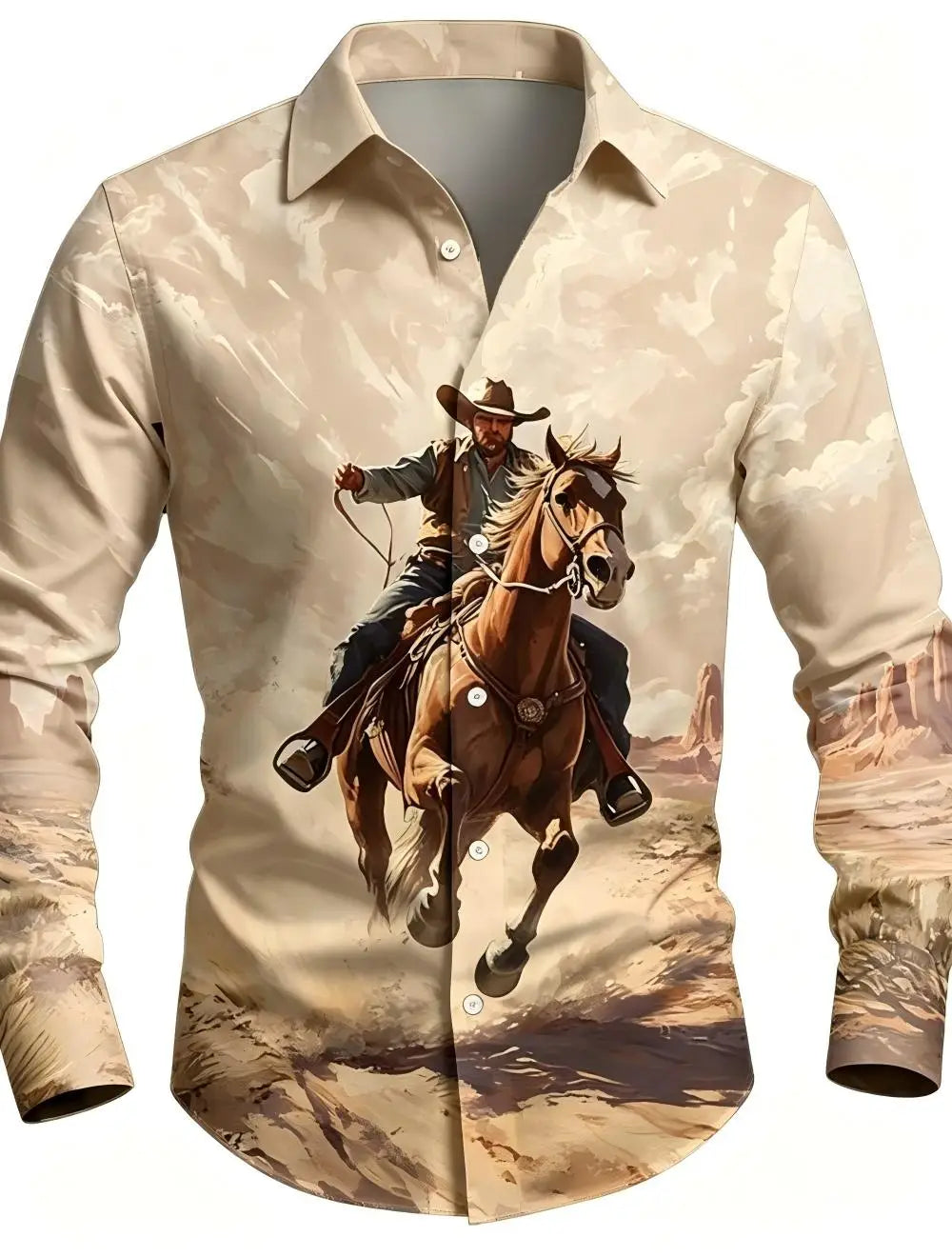 Men's Western Cowboy Riding Shirt – 3D Printed Long Sleeve Button-Up