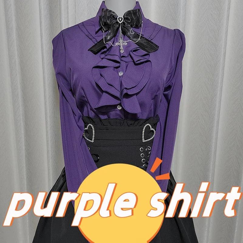 Women's Kawaii Lolita Blouse – Japanese-Inspired Peter Pan Collar Shirt with Lace & Bow Details long purple shirt Bazaare Mart Blouse