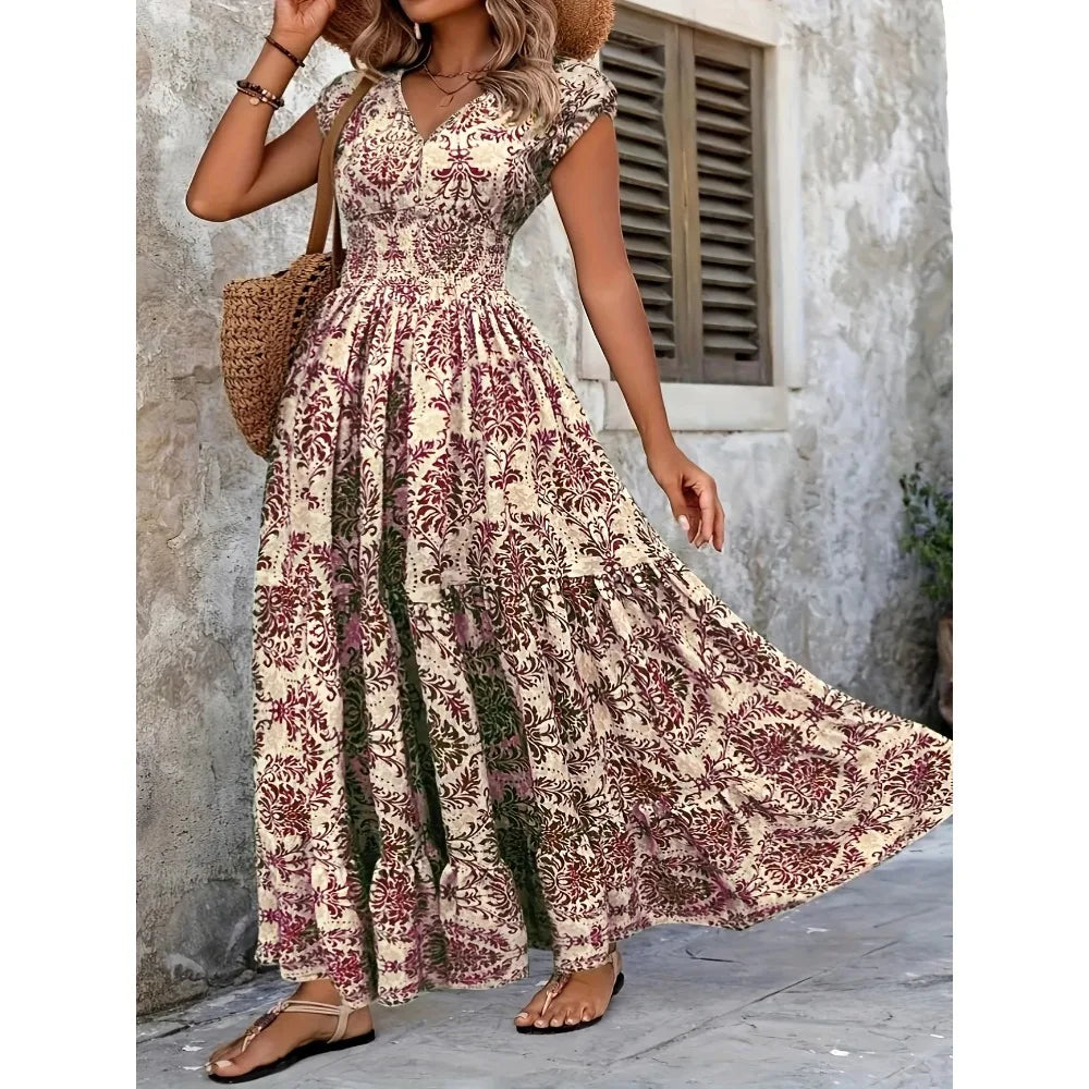 Retro Plus Size V-Neck Short Sleeve Dress PURPLE Bazaare Mart Retro Maxi Dress