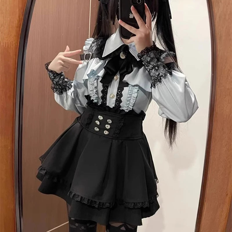 Jirai kei Shirt JK Skirt Japanese Style Lolita Y2K Sweet School Uniform Blouse Top Dress Darkness Outfit Women Girls Theme Party Bazaare Mart