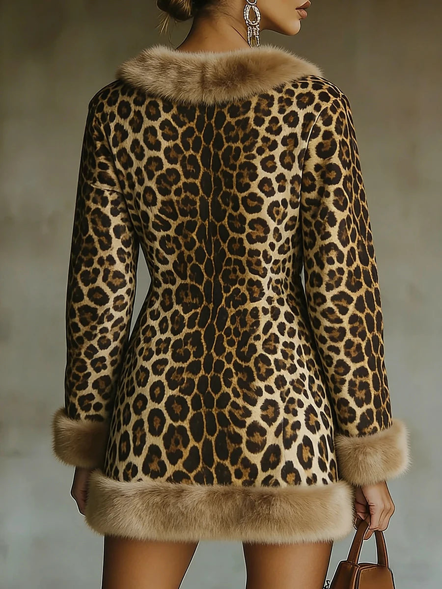 Leopard Print Mini Dress – V-Neck with Faux Fur Trim