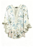 Women's Floral Ruffle Sleeve Blouse | Elegant V-Neck 3/4 Sleeve Top Blue Bazaare Mart Ruffle Sleeve Blouse