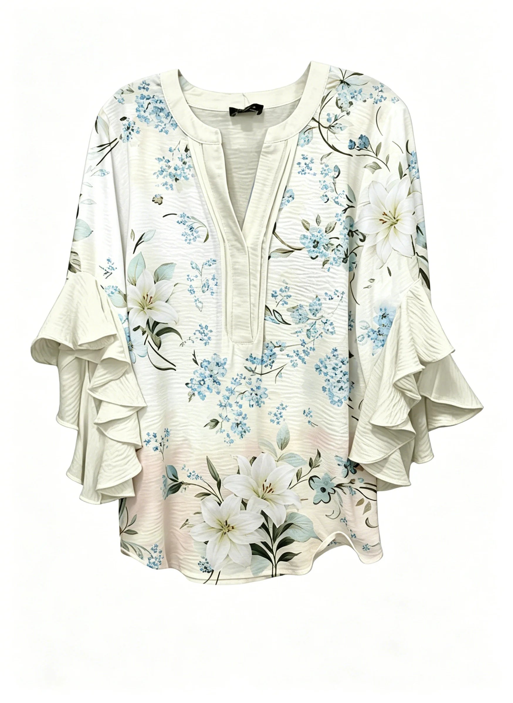 Women's Floral Ruffle Sleeve Blouse | Elegant V-Neck 3/4 Sleeve Top Blue Bazaare Mart Ruffle Sleeve Blouse