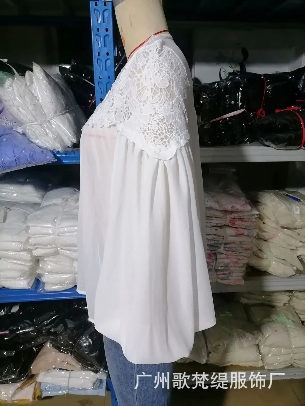 Lace-Trim V-Neck Chiffon Blouse with Long Puff Sleeves