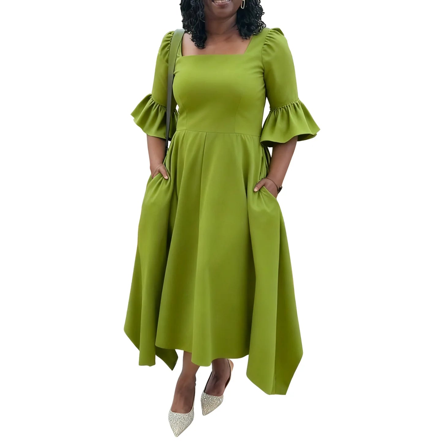 Ruffle Sleeve Square Neck Midi Dress Green Bazaare Mart Plus Size Half Sleeve Midi Dress