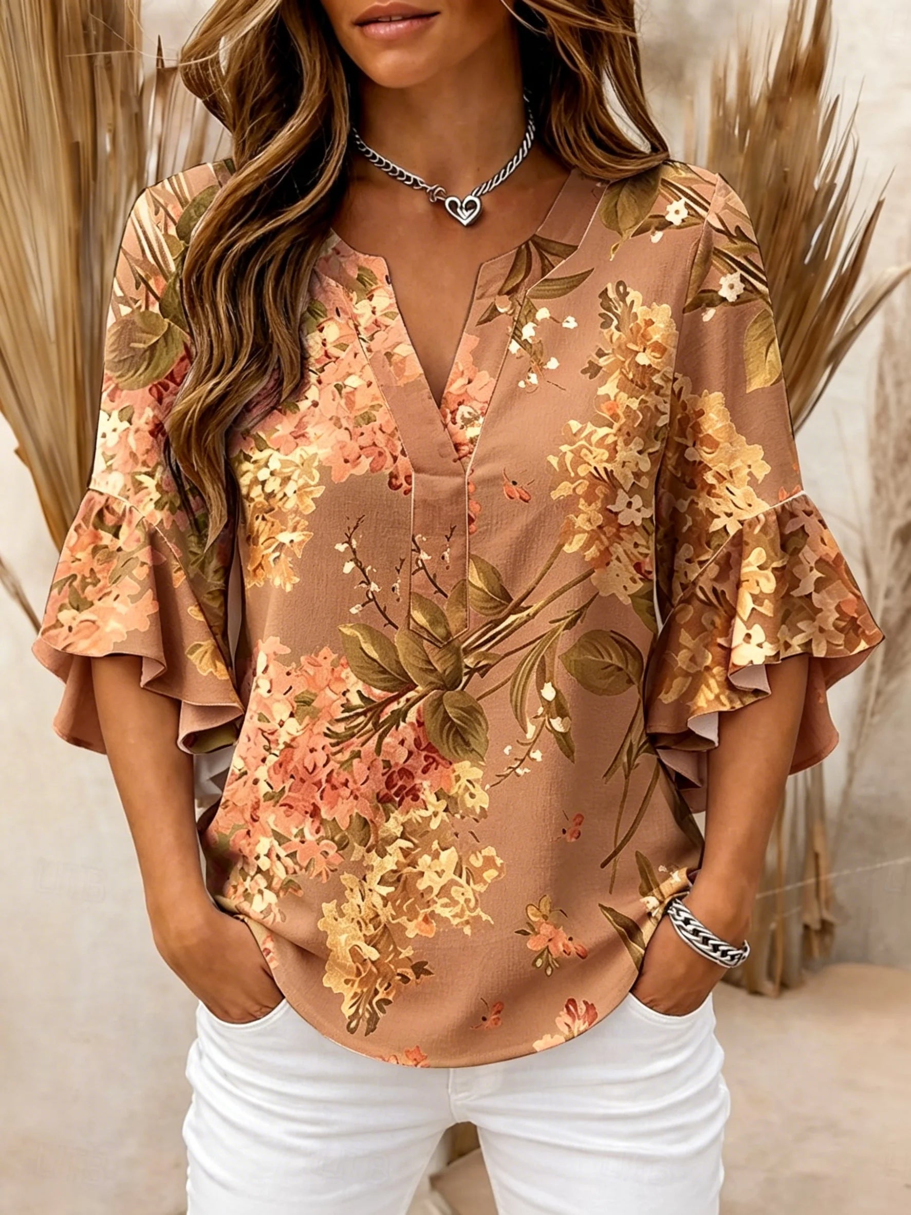 Women's Ruffle Sleeve Daisy Print V Neck Casual Blouse Elegant Daily Tops in Yellow for Spring Summer HCHLE20260719L Bazaare Mart