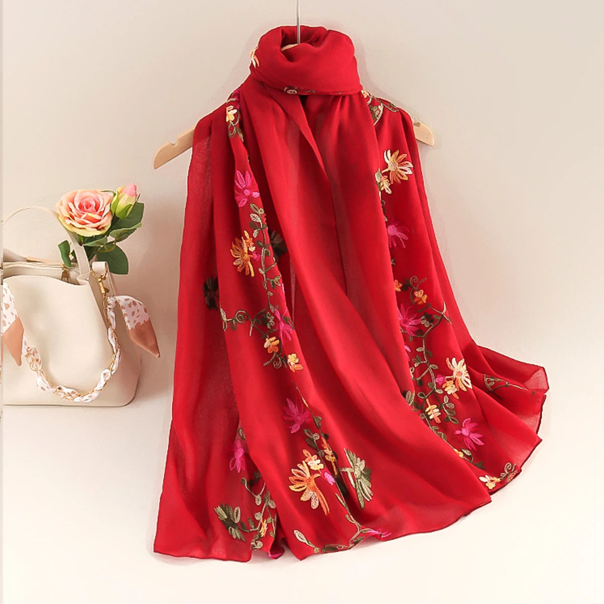 Women’s Cotton Linen Style Embroidered Scarf Shawl – Lightweight Floral Travel Wrap Red Bazaare Mart Silk Scarf