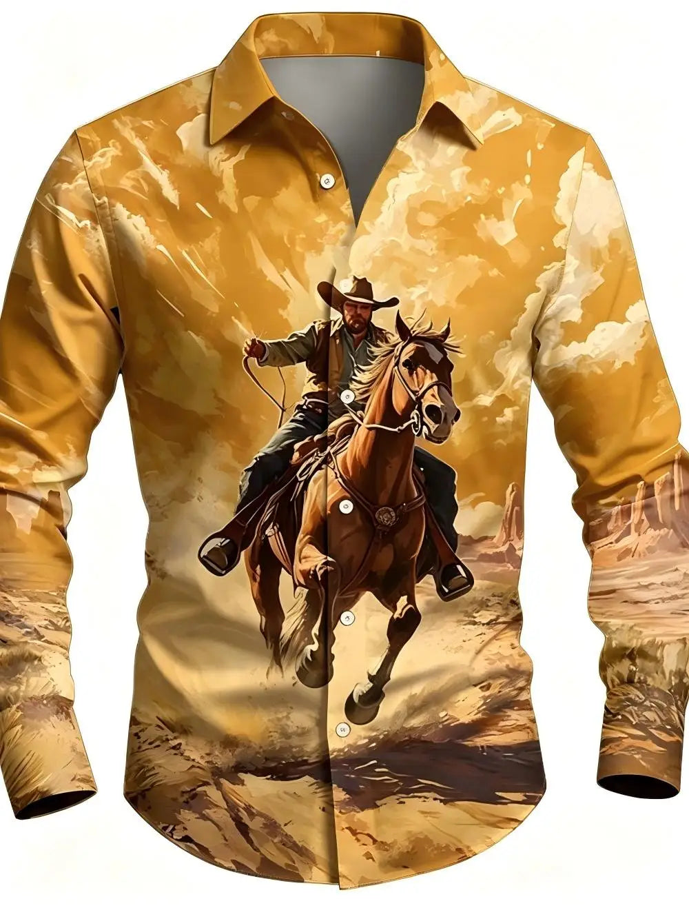 Men's Western Cowboy Riding Shirt – 3D Printed Long Sleeve Button-Up