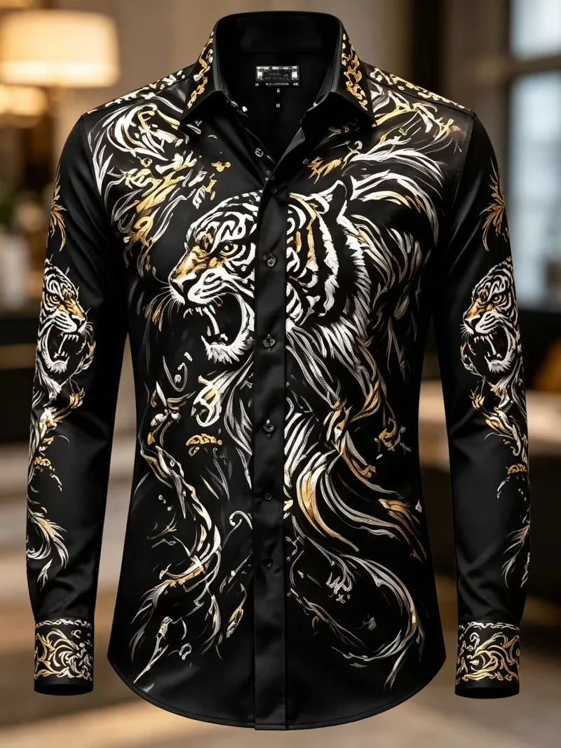 Men's Retro Floral Print Button-Up Shirt – Long Sleeve Bohemian Style