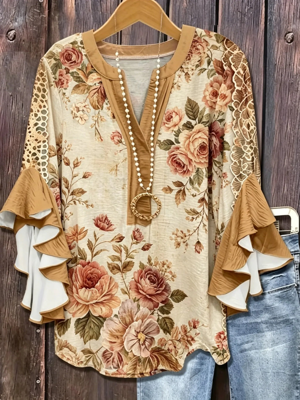 Women's Vintage Floral Lace Ruffle Sleeve Blouse | Elegant V-Neck Top HCHLF20261316P Bazaare Mart Ruffle Sleeve Blouse