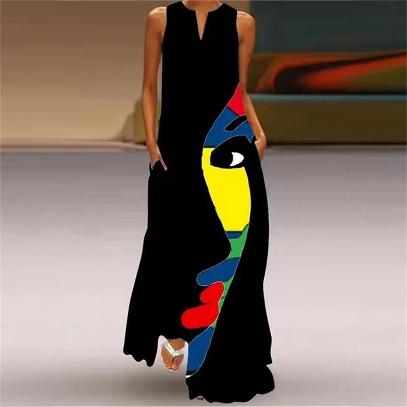 Summer Outdoor Street Fashion Women's Long Dress New Abstract Art Print Dress Sleeveless Vest V-Neck Fashion Women's Party Dress WXDress-156 Bazaare Mart