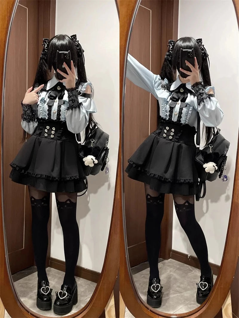 Jirai kei Shirt JK Skirt Japanese Style Lolita Y2K Sweet School Uniform Blouse Top Dress Darkness Outfit Women Girls Theme Party Bazaare Mart