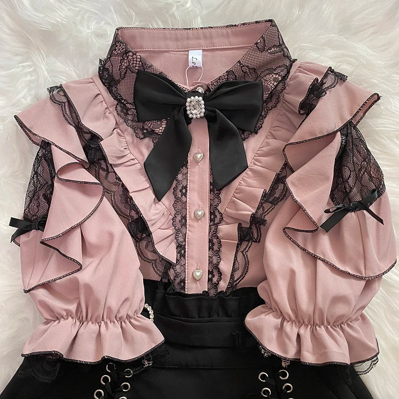 Women's Kawaii Lolita Blouse – Japanese-Inspired Peter Pan Collar Shirt with Lace & Bow Details Bazaare Mart Blouse