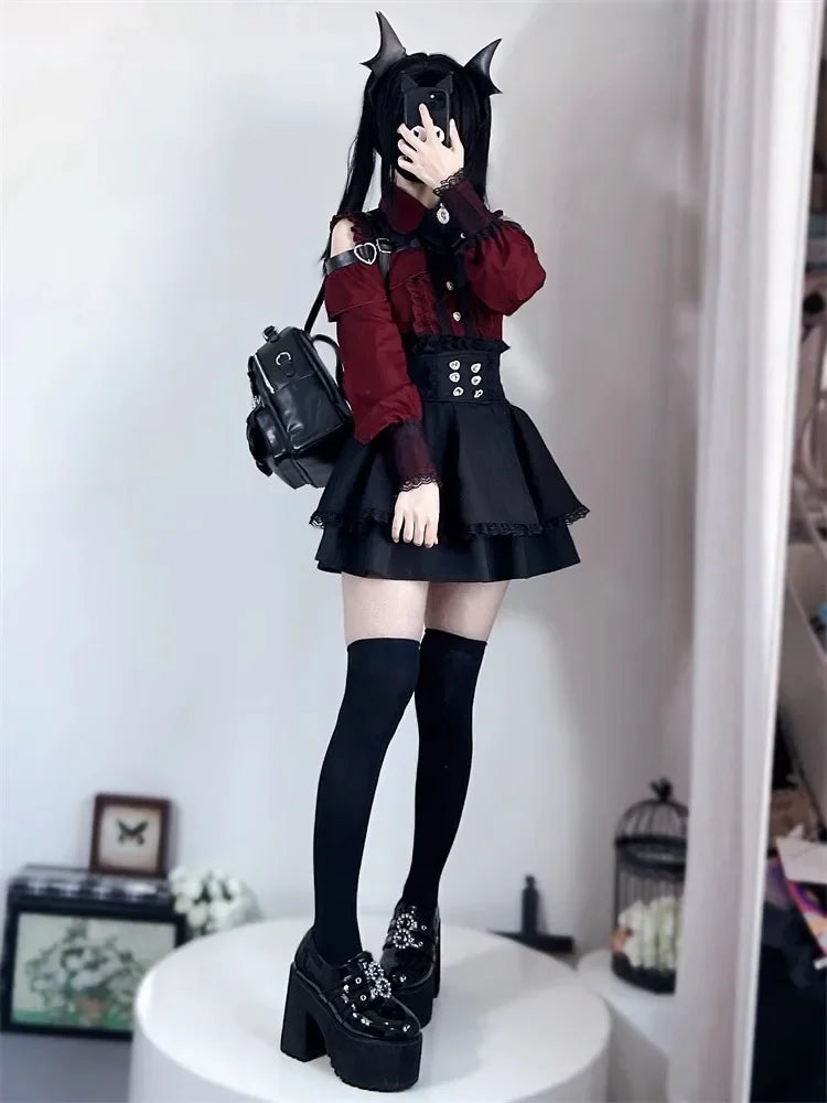 Dark Sweet Heart Ground Type Lolita Set, Ruffle Sleeve Top & A-line Skirt, Cute Kawaii Japanese Style Gothic Coord Outfit S-XL Bazaare Mart