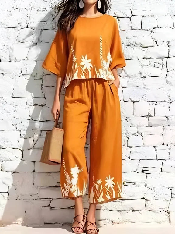 Floral Two-Piece Set with Wide-Leg Pants