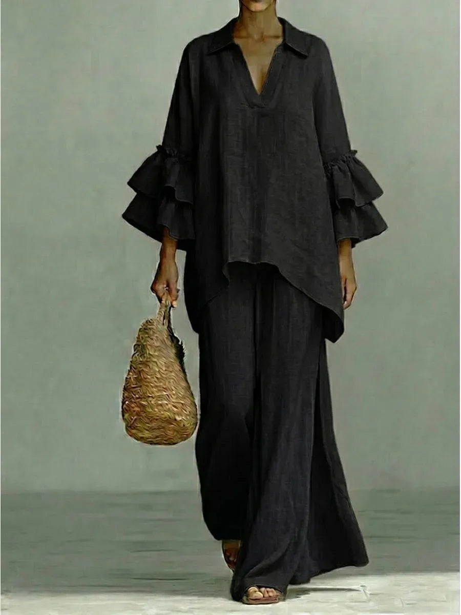 Women's 2-Piece Wide-Leg Pants Set with Ruffle Sleeves