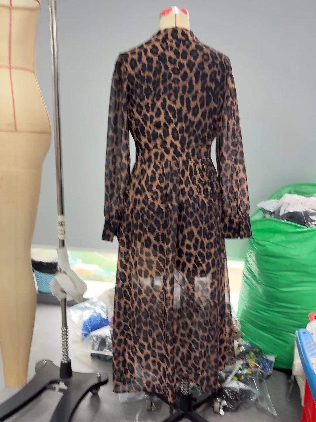 Sheer Leopard Print Elegant Flowy Long Sleeve V-Neck Dress