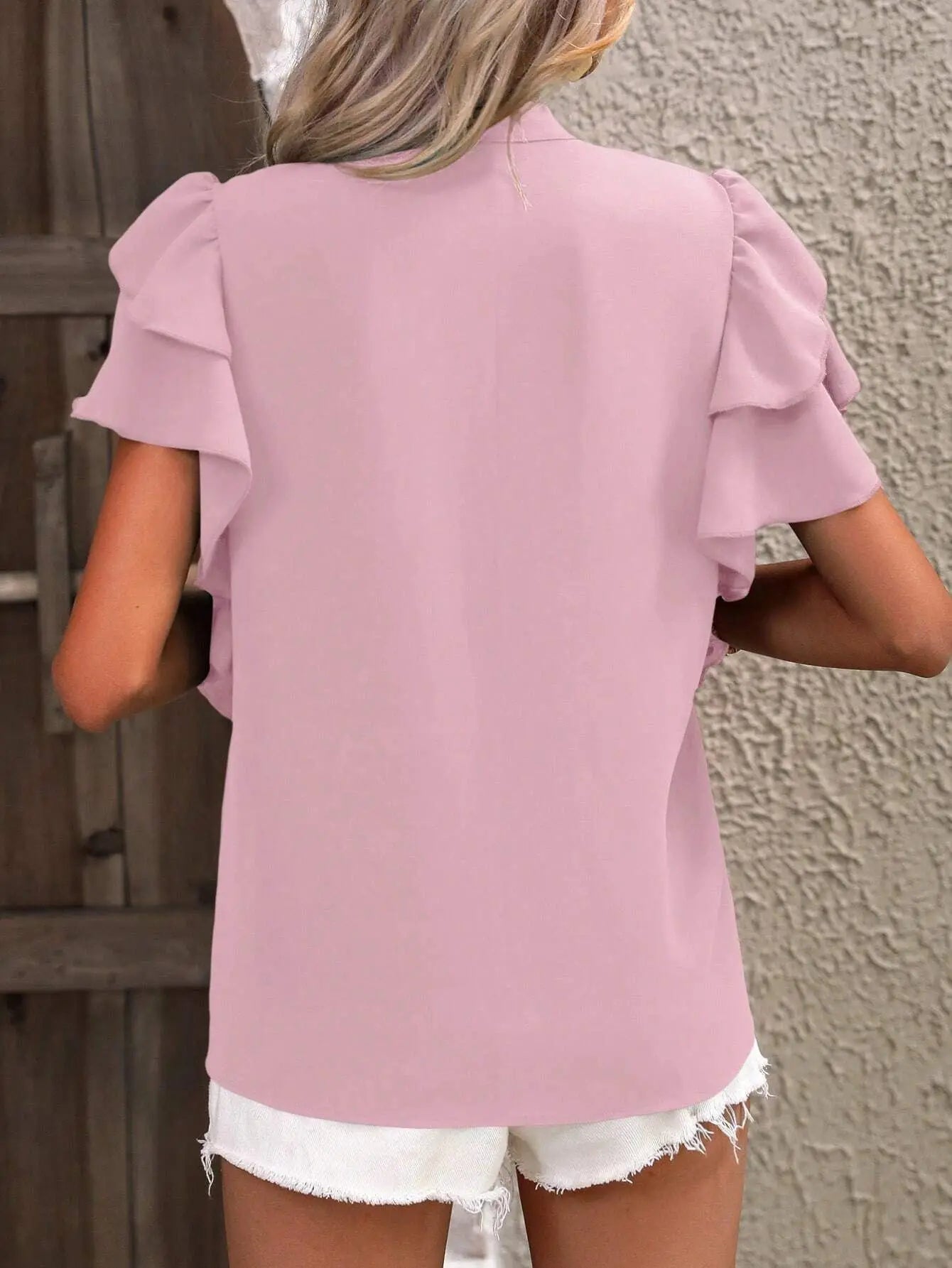 V-neck Ruffle Sleeve Solid Color Blouse