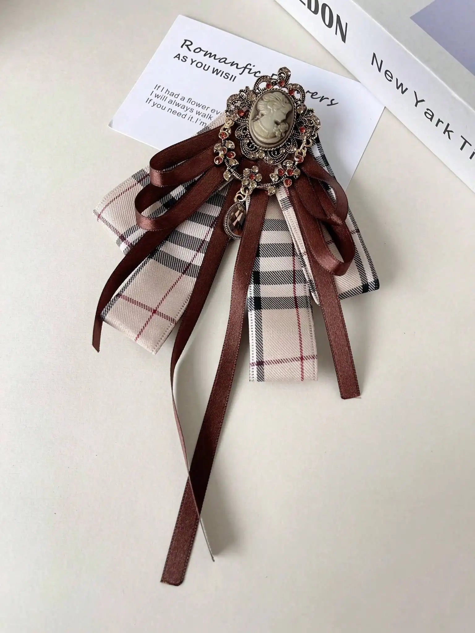 Women's Vintage Plaid Cameo Bow Tie Bazaare Mart Lady's Bowtie