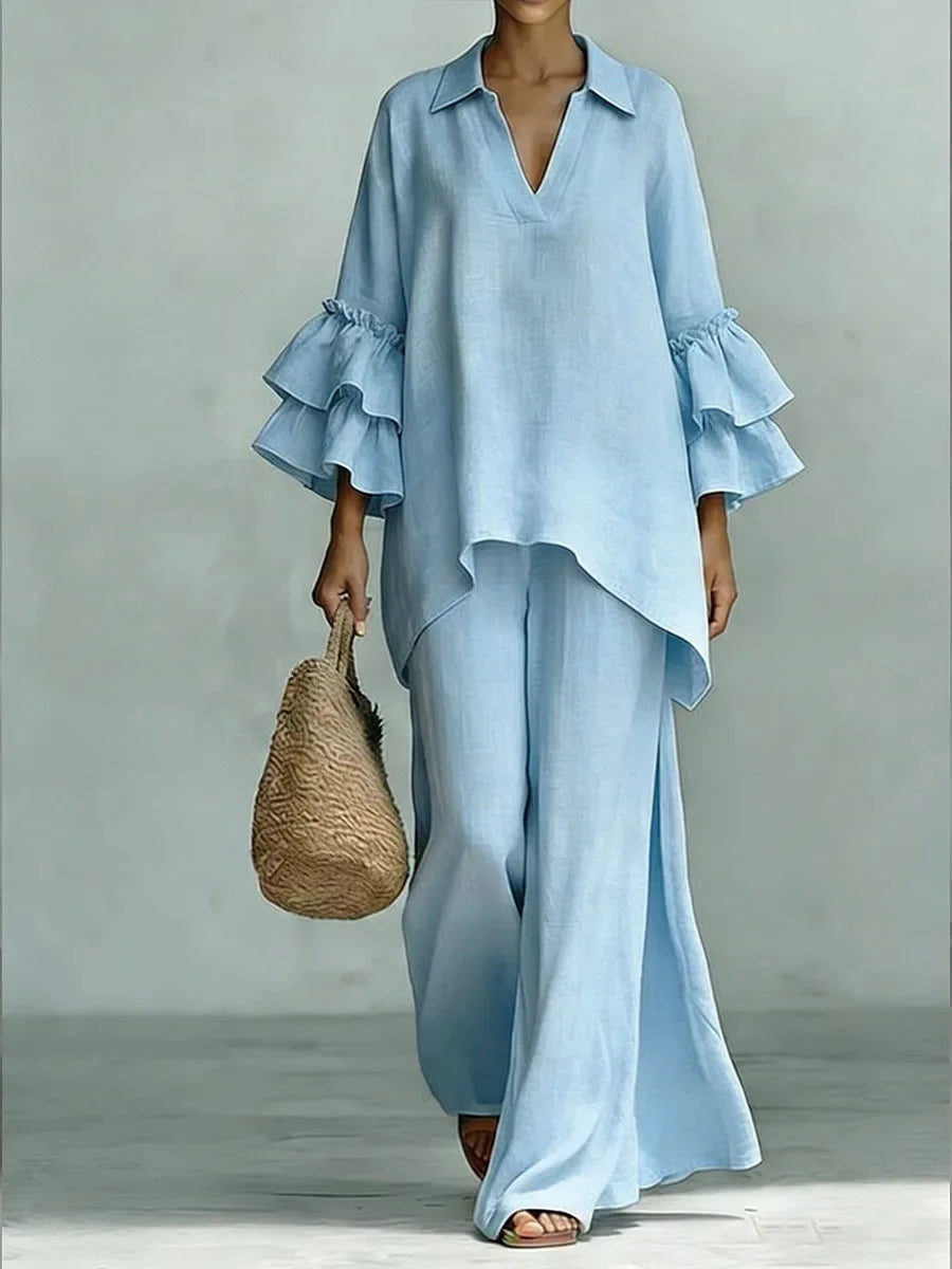 Women's 2-Piece Wide-Leg Pants Set with Ruffle Sleeves