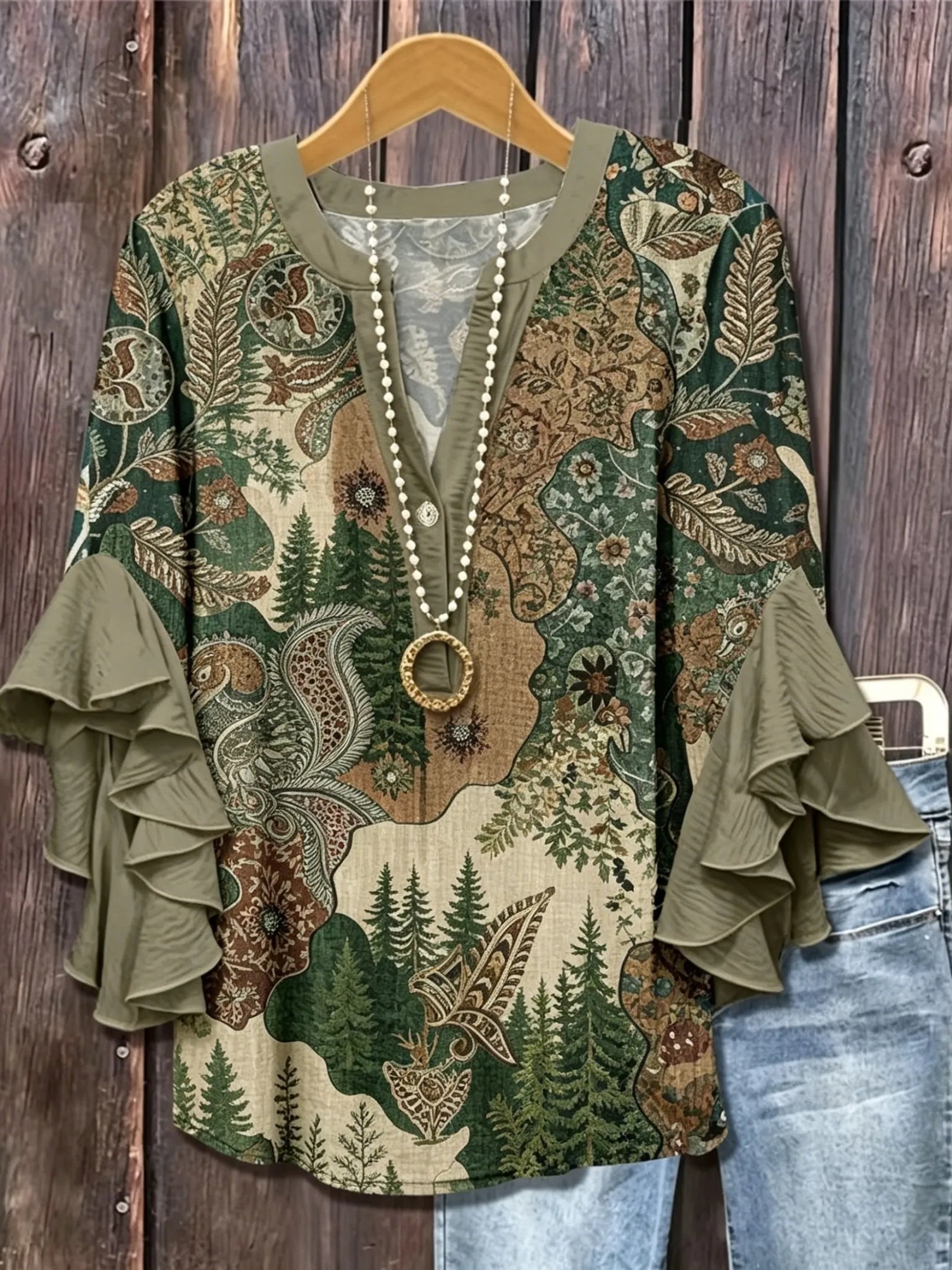 Women's Boho Patchwork Paisley Ruffle Sleeve Blouse | Elegant V-Neck Top HCHLF20261317K Bazaare Mart Ruffle Sleeve Blouse