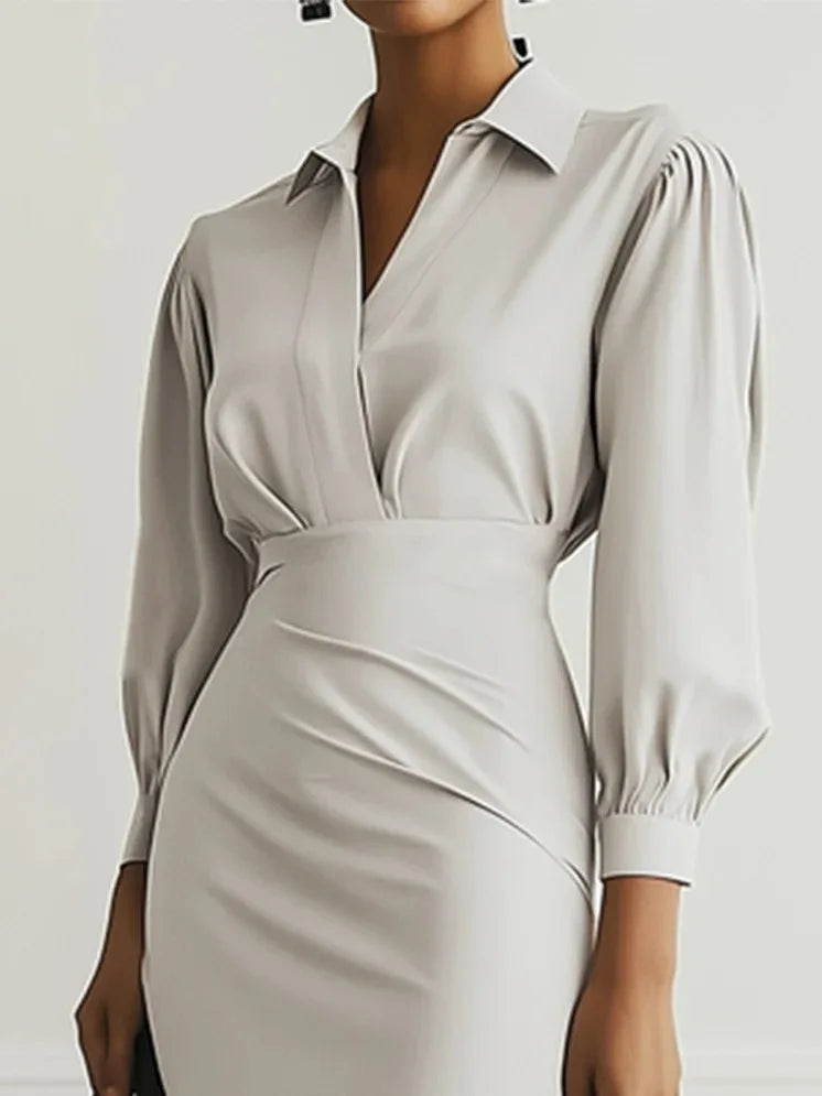 Fashionable Collared V-neck Solid Color Long-sleeved Bodycon Midi Dress