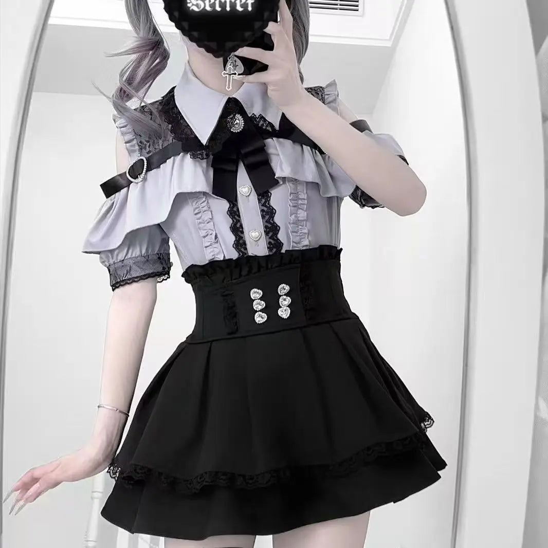 Dark Sweet Heart Ground Type Lolita Set, Ruffle Sleeve Top & A-line Skirt, Cute Kawaii Japanese Style Gothic Coord Outfit S-XL Bazaare Mart