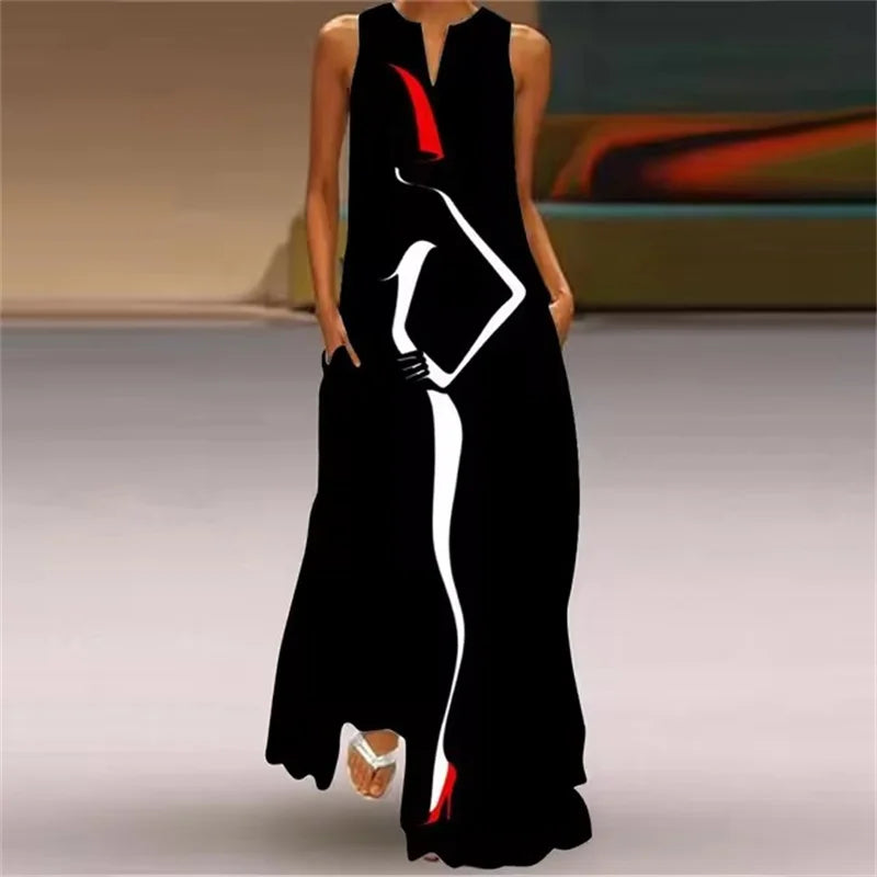 Summer Outdoor Street Fashion Women's Long Dress New Abstract Art Print Dress Sleeveless Vest V-Neck Fashion Women's Party Dress WXDress-158 Bazaare Mart