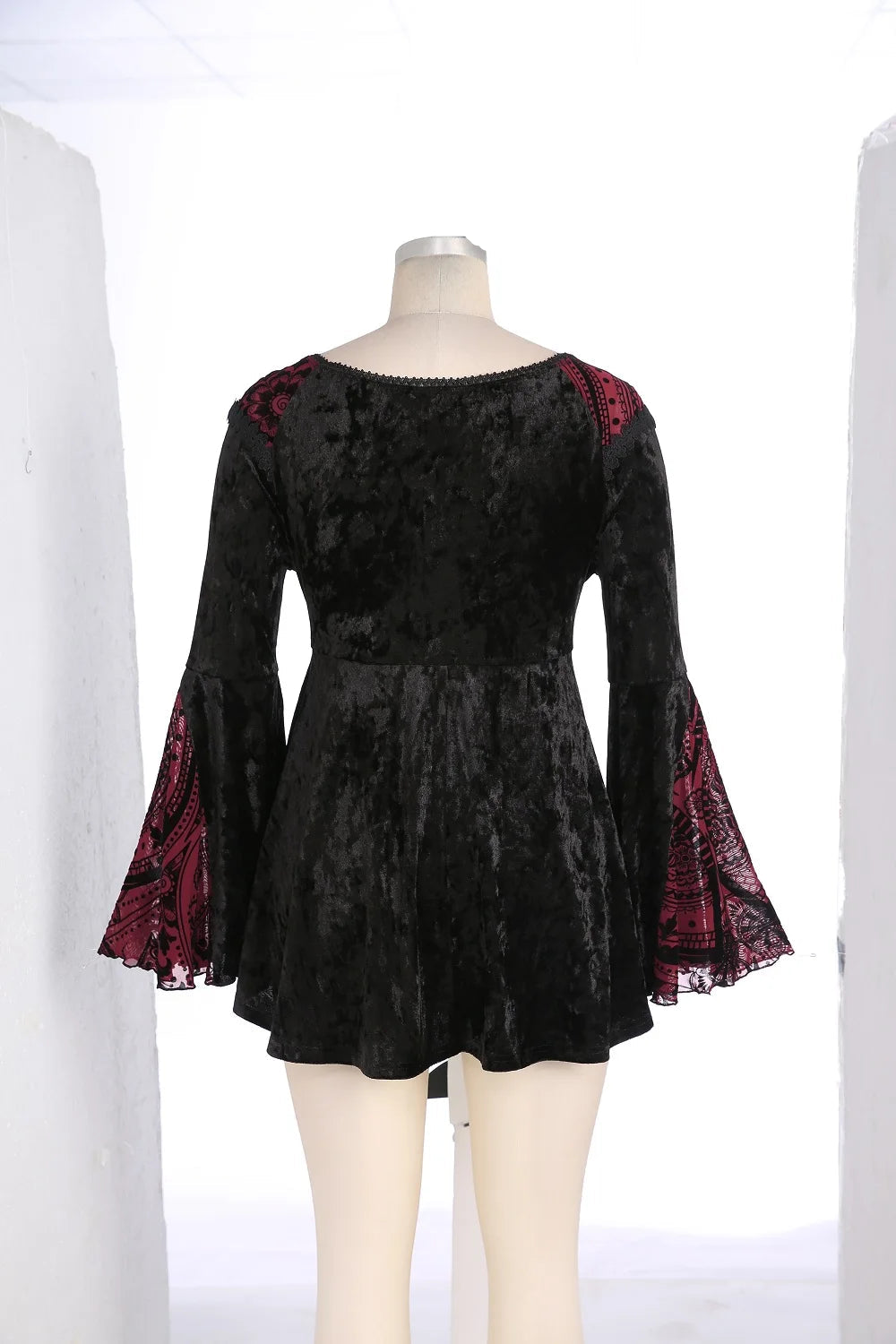 Black Velvet Red Paisley Lace Trim Long Flare Sleeve Top Bazaare Mart Red & Black Gothic Blouse